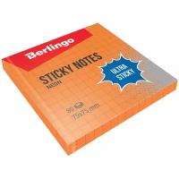 Бумага для заметок BERLINGO с клеевым краем Ultra Sticky, 75*75 мм, 80 л, в клетку, оранжевый неон