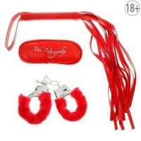 Набор влюбленных, 3 предмета: плетка, наручники, повязка, цвет красный 301927