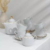 Добрушский фарфоровый завод Сервиз чайный фарфоровый «Бомонд», 14 предметов: чайник 1 л, 6 чашек 220 мл, 6 блюдец d=14 cм, сахарница 400 мл