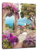 Картина Уютная стена "Пышные цветы у террасы с видом на море" 50х60 см