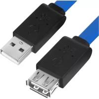 Удлинитель Gcr PROF 3.0m USB 2.0, AM/AF, плоский синий, черный ПВХ, морозостойкий, -53753