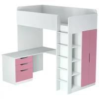 Кровать-чердак Polini Simple с письменным столом и шкафом, белый-роза