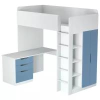 Кровать-чердак Polini Simple с письменным столом и шкафом, белый-синий