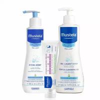 Mustela Набор для новорожденных: мягкий гель для купания 500мл+молочко для тела Hydra Bebe 300мл+крем под подгузник 123 50мл