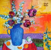 Живопись авторская картина в раме на холсте цветы натюрморт в синей вазе