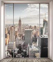 Моющиеся виниловые фотообои GrandPiK Нью-Йорк сквозь панорамное окно, 250х290 см