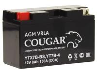 Аккумулятор для мотоцикла и скутера Cougar AGM VRLA 12V 8 А/ч 130 А прям. пол. залит/заряжен YT7B-BS, YT7B-4 (150х65х94)