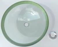 Накладная стеклянная раковина чаша (умывальник) прозрачная с зеленым бортиком