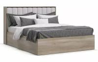 Двуспальная кровать Люкс 2.0, с подъемным механизмом, с мягким изголовьем, экокожа белая, цвет сонома, 160х200 см