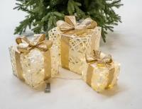 Светящиеся новогодние подарки коробочки С радостью, 65 тёплых белых LED-огней, 30/23/17 см (3 шт.), таймер, батарейки, Kaemingk (Lumineo) 483831