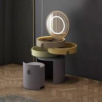 Туалетный столик трансформер круглый с пуфиком и зеркалом (обивка искусственная кожа)