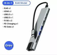 USB хаб 8 в 1, Type C, HDMI, USB 3.0, RJ-45, TF/SD/micro SD card, PD charging/data, grey