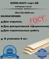 Блок-хаус 28х135х3000 (комплект 8 шт) пиломатериал из древесины хвойных пород(сосна)