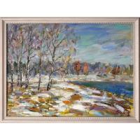 Картина маслом "Зимний пейзаж с берёзами" в раме, ручная работа