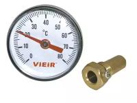 ViEiR Термометр 1/4", горизонтальный 40 мм, 0-80 С° с гильзой 50 мм (YL19)