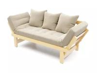 Деревянный диван кушетка Soft Element Эльф, раскладные подлокотники, рогожка, бежевый-желтый, скандинавский лофт, дачная, в баню
