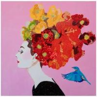 Картина Audrey with Flower Bouquet Headdress, Blue Bird, and Pink Background