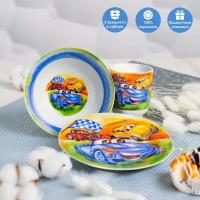 Доляна Набор детской посуды из керамики Доляна «Гонки», 3 предмета: кружка 230 мл, миска 400 мл, тарелка d=18 см
