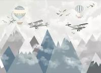 Моющиеся виниловые фотообои GrandPiK Самолеты над горами белые серые голубые тона детские, 200х145 см