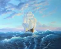 Картина маслом ручной работы "Корабль на волнах", холст 50х60 см, для интерьера, море, корабль, пейзаж