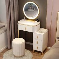 Небольшой туалетный столик с узкой тумбой и зеркалом с подсветкой (белый с белой столешницей 50 см + пуф + зеркало)