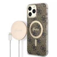 Guess Комплект Guess Bundle чехол 4G MagSafe для iPhone 13 Pro Max + зарядное Magsafe wireless charger, коричневый/золотой
