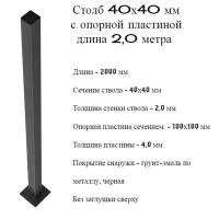 Столб 40х40 длина 2,0 метра (10) с пластиной, квадратный, черный для забора активстрой