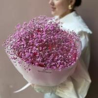 Букет "Сахарная Вата" - 3 цветка розы, 2 тишью, 2 пленки, лента атласная, гипсофила