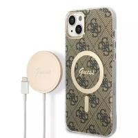 Guess Комплект Guess Bundle чехол 4G MagSafe для iPhone 14 Plus + зарядное Magsafe wireless charger, коричневый/золотой