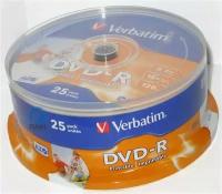 Оптический диск DVD-R диск Verbatim 4,7Gb 16x 25шт. Printable CakeBox (43538)