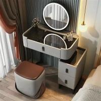 Туалетный столик 70 см с тумбой, зеркалом и пуфиком, со стеклянной столешницей (серый комплект)