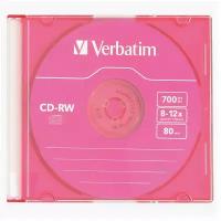 VERBATIM Диск CD-RW VERBATIM, 700 Mb, 8х-12х, Colour Slim Case, 43167