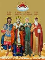 Освященная икона на дереве ручной работы - Иоанн, Николай, Ксения и Даниил, 9х12х1,8 см, арт Ид4995