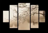 Модульная картина на стекле | Diva Kartina | Природа. Японская лодка на озере в цветущей сакуре | 100X70 см