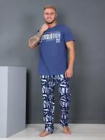 Пижама мужская хлопок больших размеров с брюками Революция-man синий IvCapriz 46