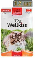 12 штук Wellkiss Adult Влажный корм (пауч) для взрослых кошек, с ягненком и говядиной в соусе, 85 гр