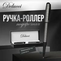 Ручка-роллер Delucci "Marte" синяя, 0,6мм, корпус титан/черный, подарочная упаковка