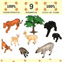 Набор фигурок животных серии "Мир диких животных": 2 гориллы, 2 альпаки, 2 льва, барсук, бабирусса, дерево (набор из 9 предметов)