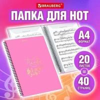 Папка-тетрадь для нот А4, 20 вкладышей на 40 страниц, на гребне, пластик, розовая, BRAUBERG, 404642