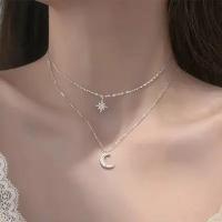 Женская двойная цепочка - ожерелье с подвесками полумесяц и звезда / колье