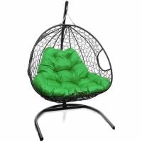 Подвесное кресло кокон двухместное M-group для двоих с ротангом чёрное+зелёная подушка