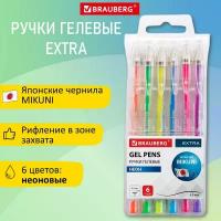 Гелевые ручки цветные Неон Brauberg Extra, Набор 6 Цветов, узел 0,7 мм, линия 0,35 мм, 143911