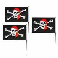 Флаг пиратский черный "Веселый Роджер" пират в бандане с повязкой, 14*21 см (Набор 3 шт.)