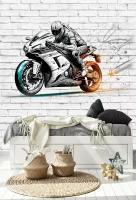 Фотообои "Мотоциклист на фоне кирпичной стены, акварель" 200*260 см для мальчика, подростка