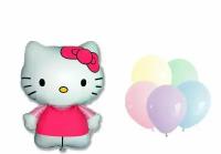 Набор шаров 9 латексных шаров и фольгированная фигура Hello Kitty Котёнок с бантиком