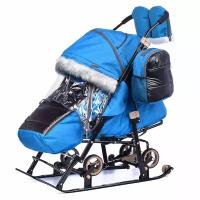Санки-коляска детские с выдвижными колесами, варежками и сумкой GALAXY "Glory gloss" (лен бирюзовый)