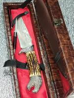 Нож туристический разделочный серый Волк в чехле ножнах и подарочный кожаный футляр, ручка нож подарок . (Сталь 65х13; модель 9 )