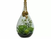 Подвесной флорариум эхеверия В капельке - Блю Стар, стекло, искусственные суккуленты, 23.5 см, Kaemingk