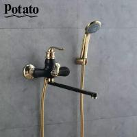 Смеситель на ванну с длинным поворотным изливом Potato, картридж 35 мм, черный с золотом