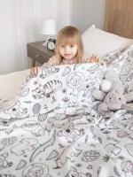 Плед флисовый 150х200 см, покрывало детское на кровать, "Джунгли" серый